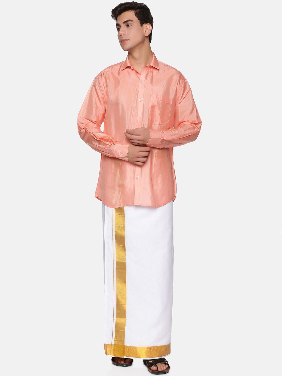 Sethukrishna Men Peach-Coloured & White Shirt With Dhoti Pants-image-46