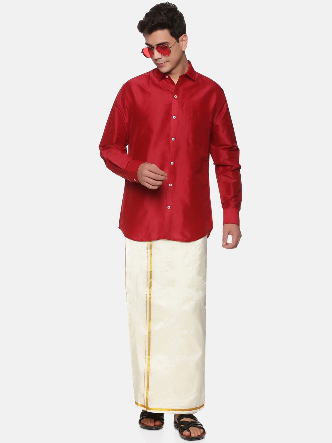 Sethukrishna Men Maroon & White Shirt With Dhoti Pants-picture-10