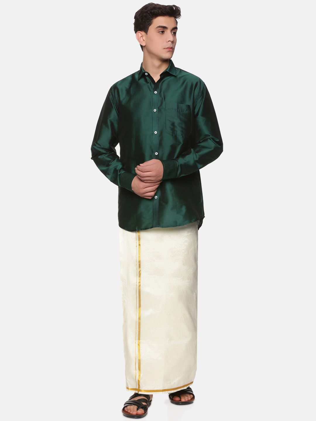 Sethukrishna Men Green & White Shirt with Dhoti Set-picture-25