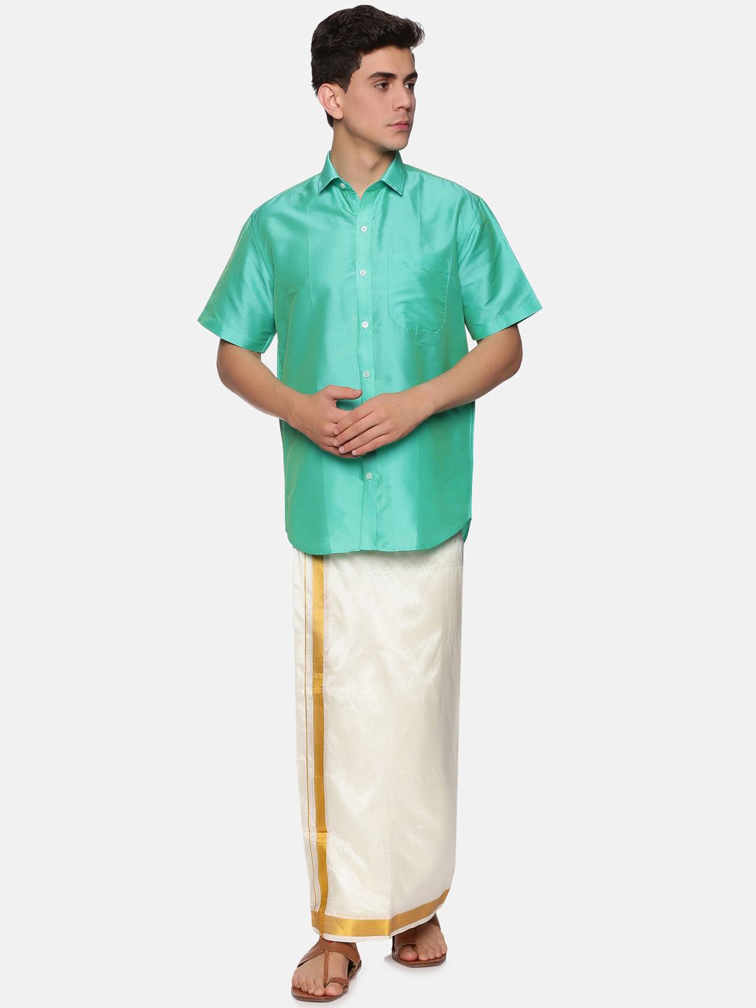 Sethukrishna Men Fluorescent Green & White Shirt Veshti Set-image-42