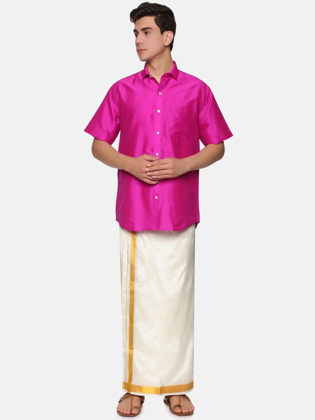 Sethukrishna Men Pink & White Pure Cotton Shirt with Dhoti-picture-21