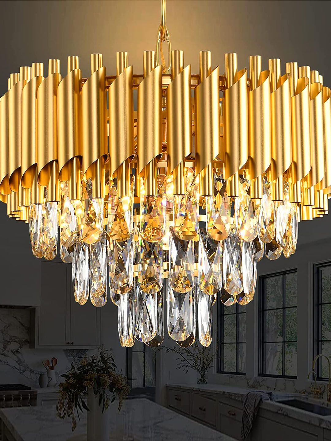 Homesake Gold-Toned & Transparent 3-Tier Chandelier Light Fixture Crystal Hanging Chandelier-image-11