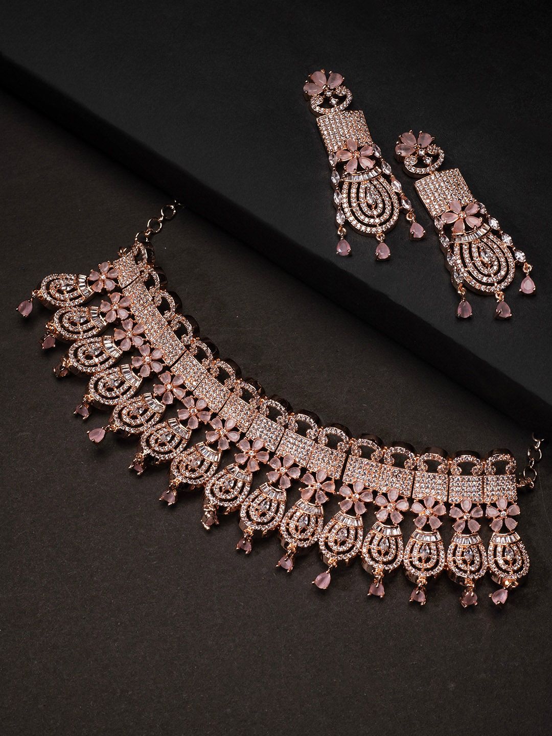 Voylla Rose Gold Plated American Diamond CZ Necklace Set with Pink Stone (Onesize) by Myntra
