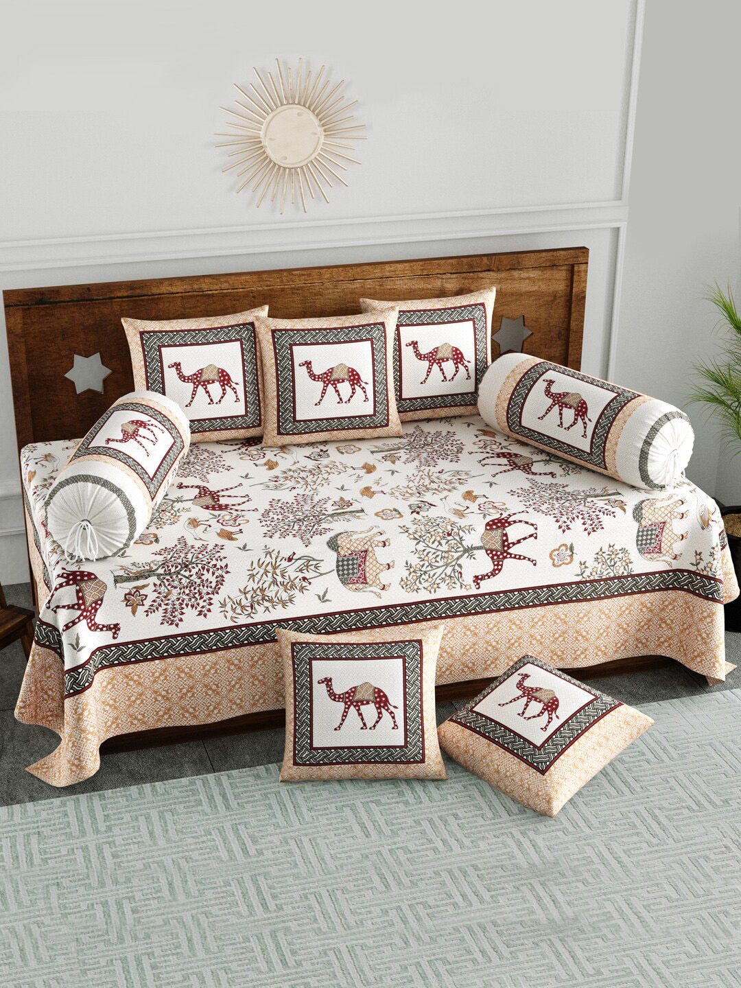 BLOCKS OF INDIA Set Of 8 Coffee Brown & White Printed Cotton Diwan Set-picture-35