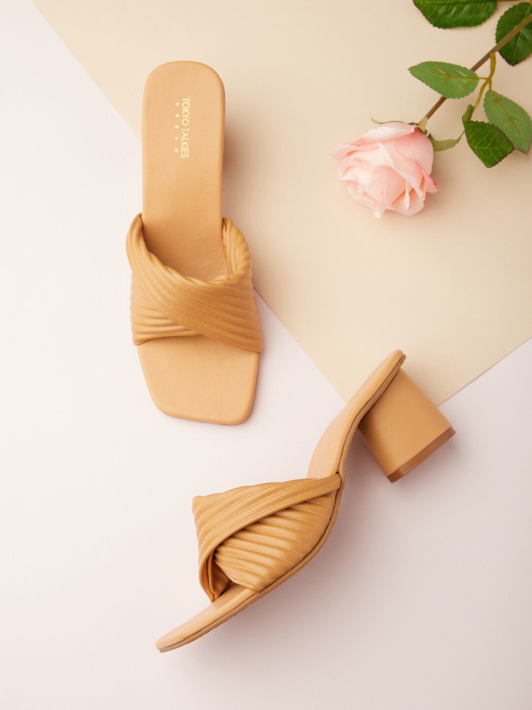 Tokyo Talkies Beige Striped Open Toe Block Heels