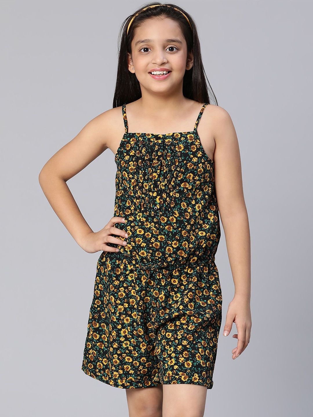Oxolloxo Girls Green & Yellow Printed Jumpsuit-picture-53