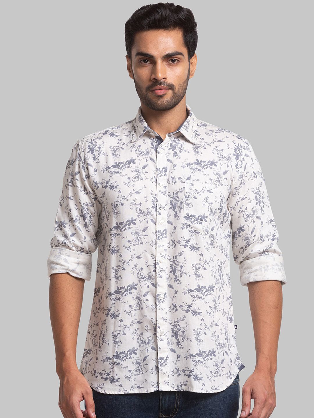 Parx Men Beige Slim Fit Floral Printed Casual Shirt