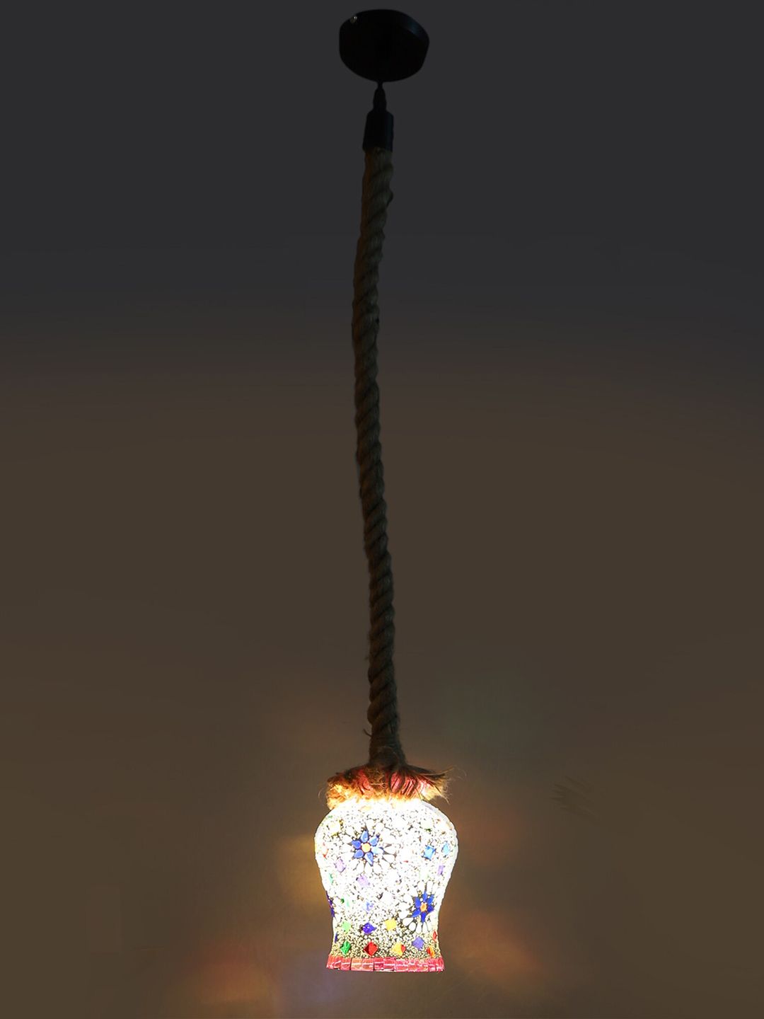 MFD HOME FURNISHING White & Brown Textured Hanging Pendant Lamp With Rope-image-6