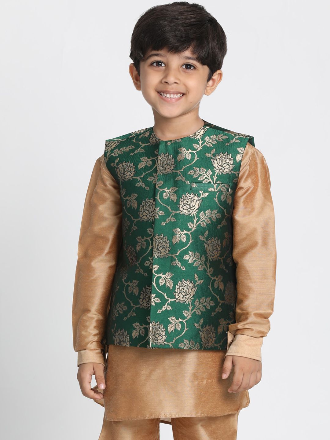 JBN Creation Boys Green and Gold-Toned Woven Design Woven Nehru Jacket-picture-36