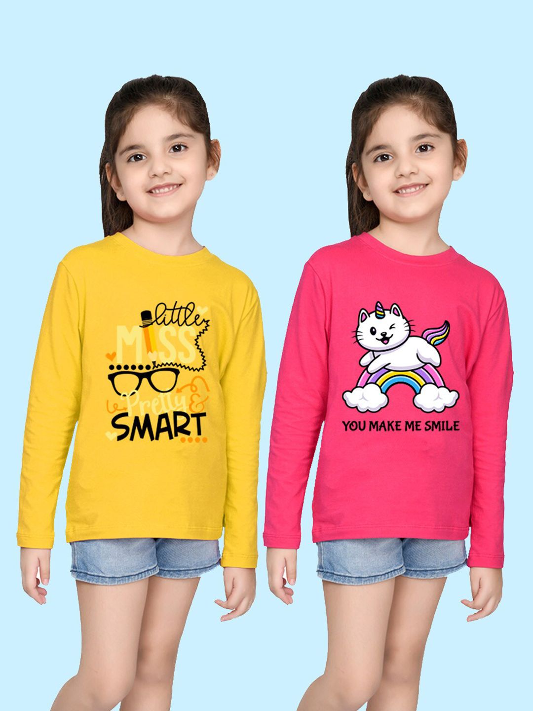 NUSYL Girls Yellow & Pink Pack of 2 Graphic Printed T-shirts-picture-27