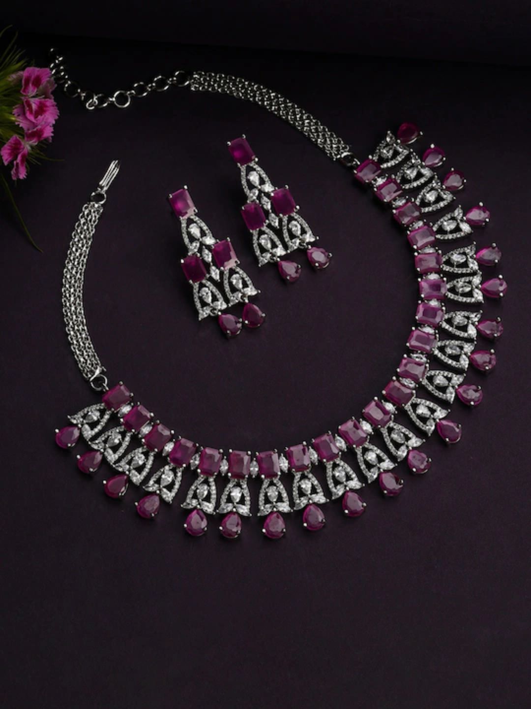 SOHI Women Silver-Plated Pink Stone Studded Jewellery Set-image-29