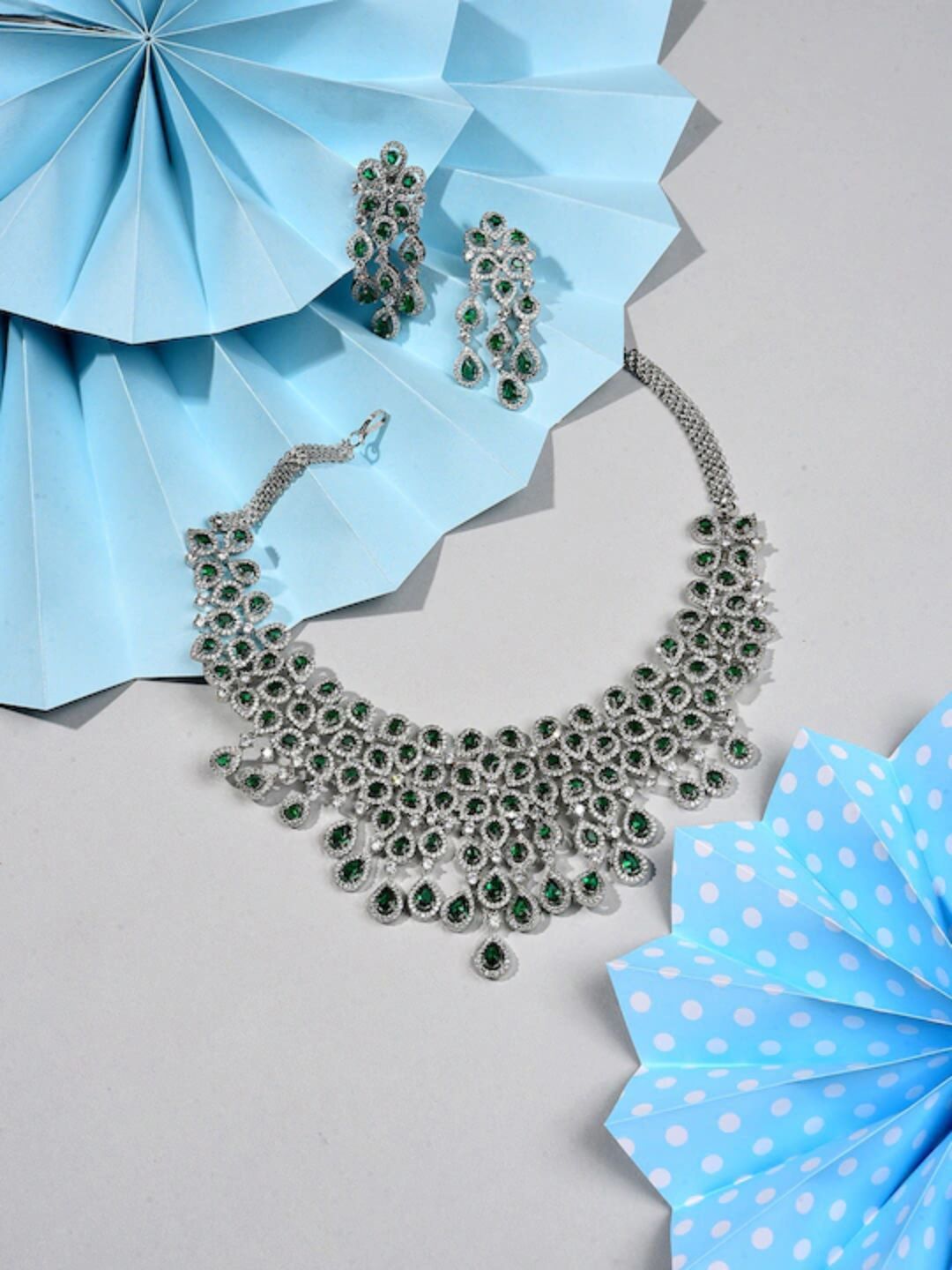 SOHI Women Silver-Plated White & Green AD-Studded Jewellery Set-picture-0