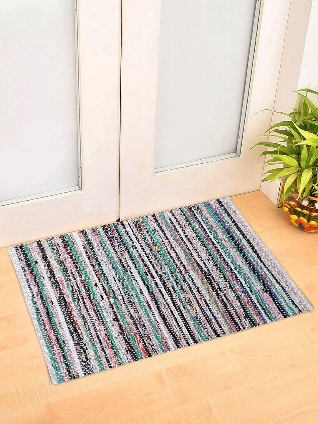 Oxolloxo Green & Grey Striped Woven Design Rectangle Cotton Floor Mats & Dhurries