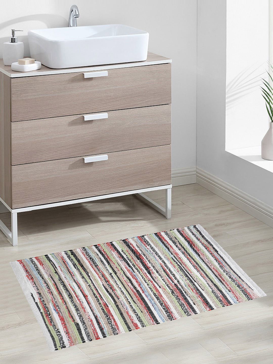 Oxolloxo White & Black Striped Woven Design Rectangle Floor Mats & Dhurries-picture-38