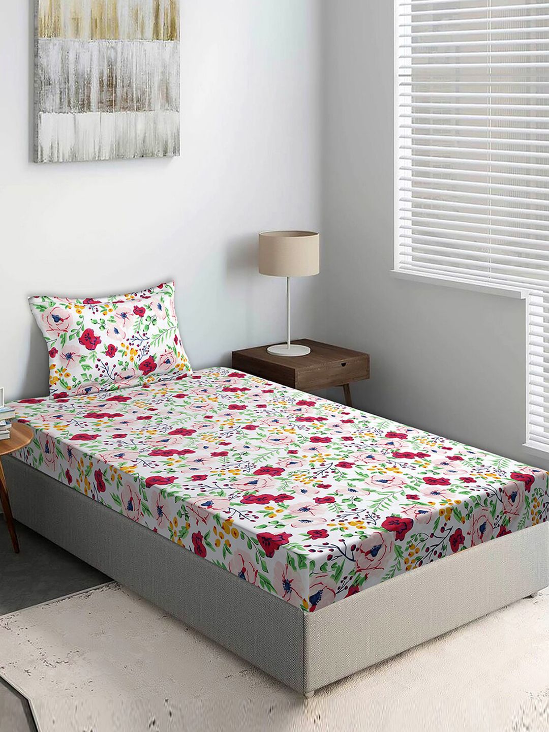 Kuber Industries White & Green Floral Cotton144 TC Single Bedsheet With 1 Pillow Cover-image-22