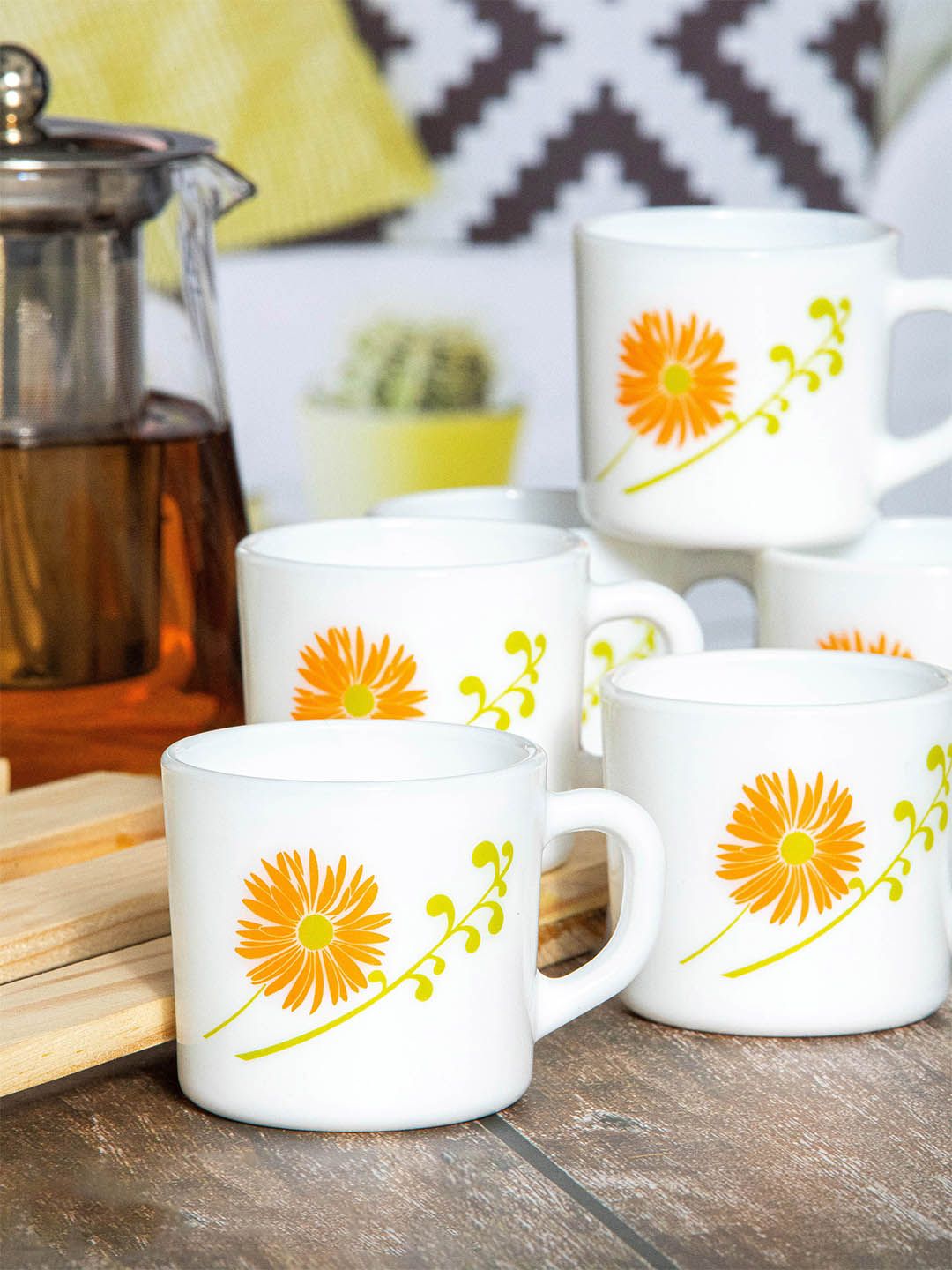 Cello White & Orange Orange Orange Floral Printed Opalware Glossy Cups Set of Cups and Mugs-image-48