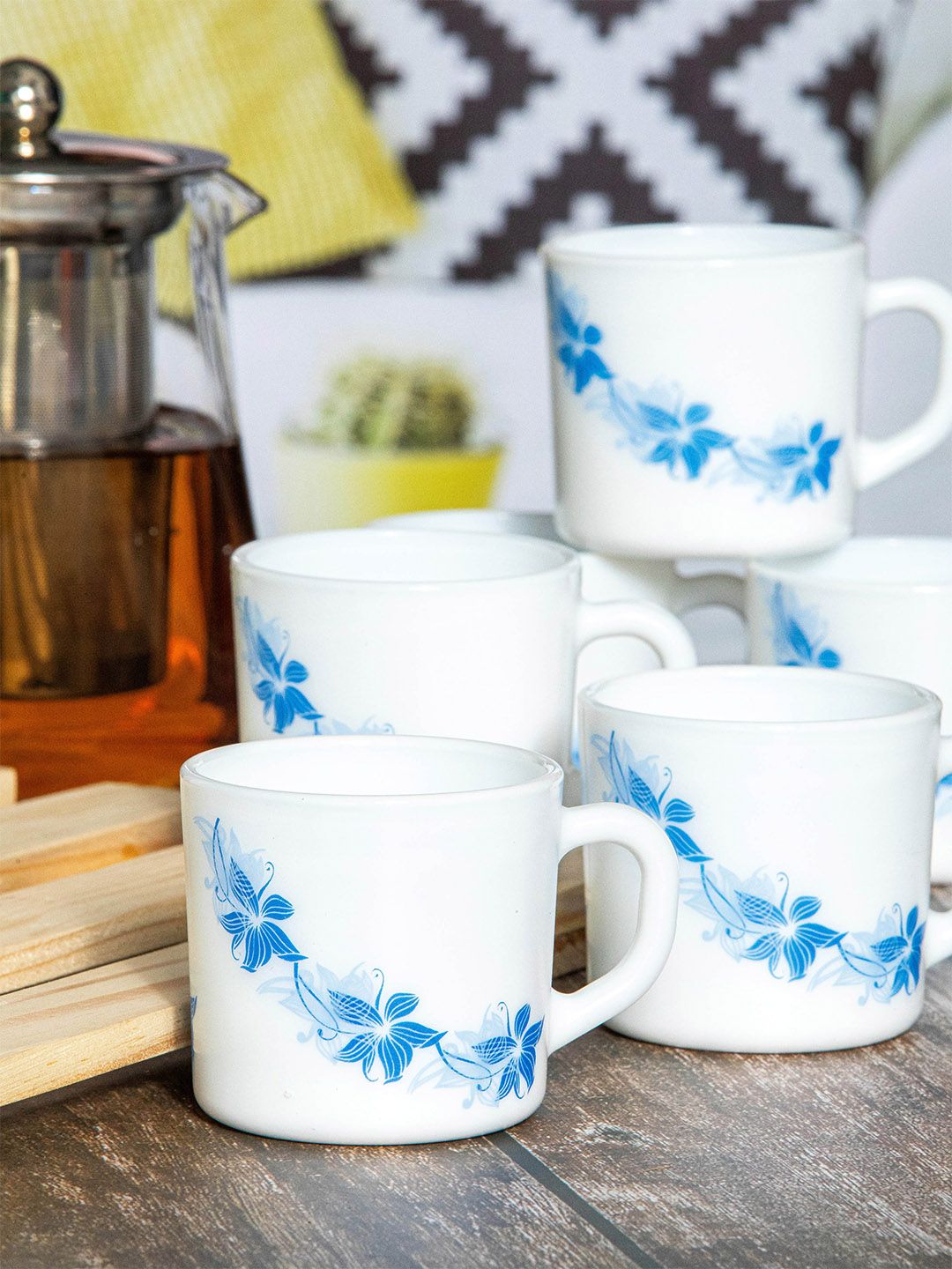 Cello White & Blue Set of 12 Floral Printed Opalware Glossy Cups Set 100ml-picture-38