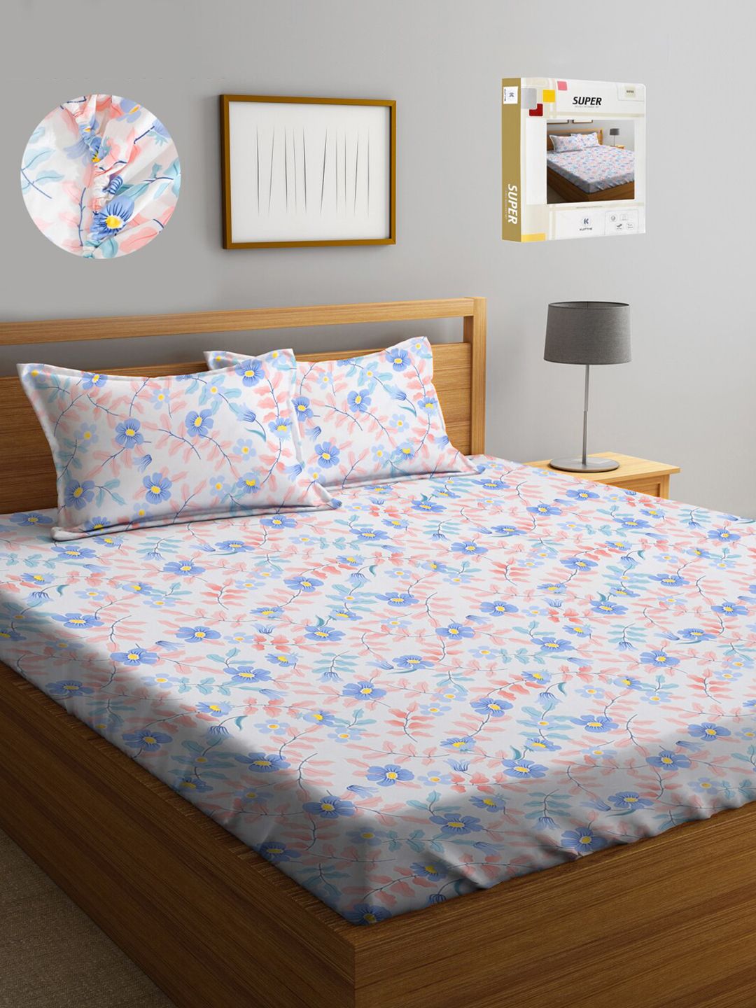 KLOTTHE Multicoloured Floral 300 TC King Size Fitted Bedsheet with 2 Pillow Covers-picture-23