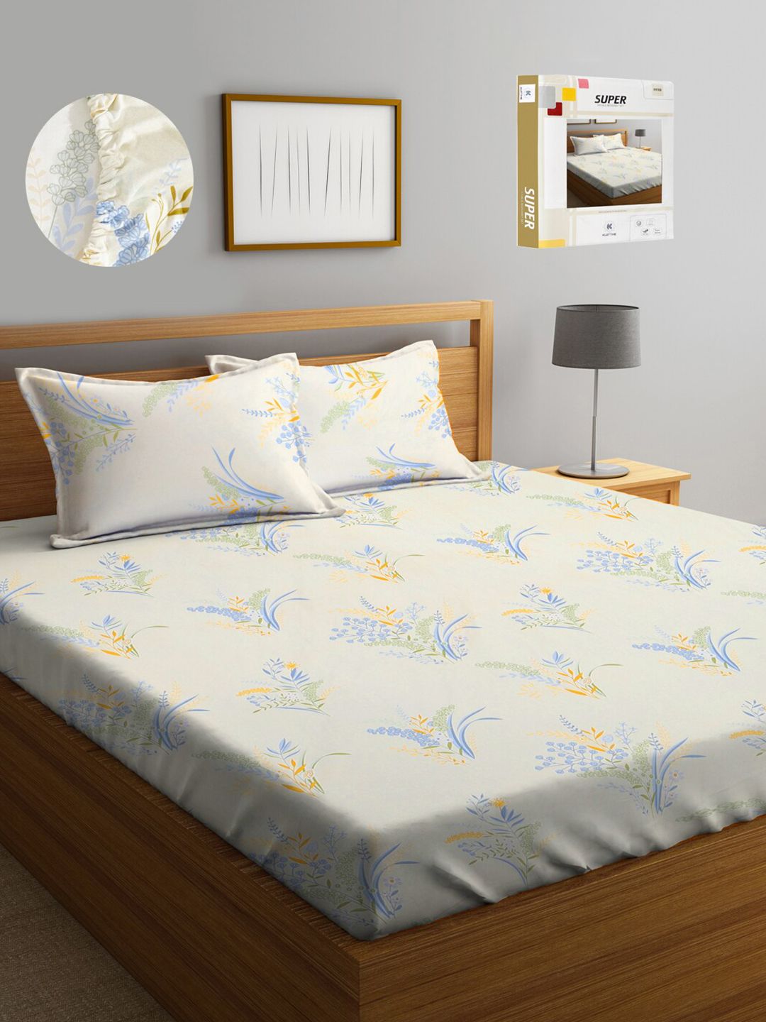 KLOTTHE Multicoloured Floral 300 TC King Size Fitted Bedsheet with 2 Pillow Covers-picture-24