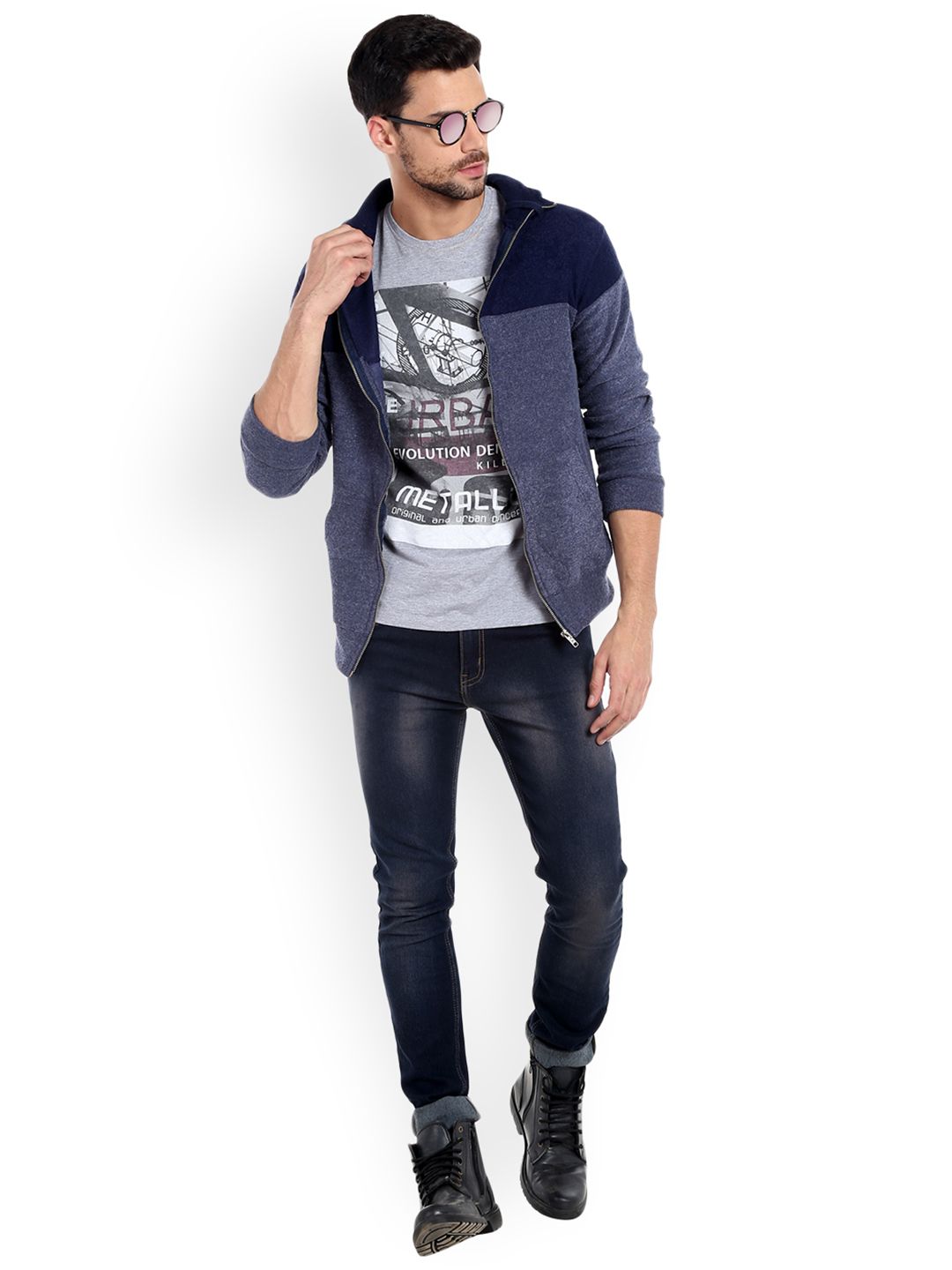 Campus Sutra Men Grey & Navy Colourblocked Hooded Sweatshirt-picture-29