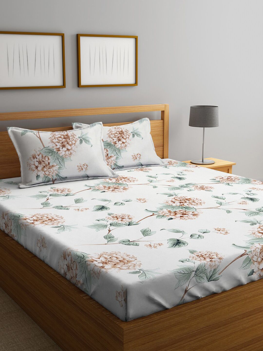 KLOTTHE White & Peach Floral Printed 300 TC King Bedsheet with 2 Pillow Covers-picture-20