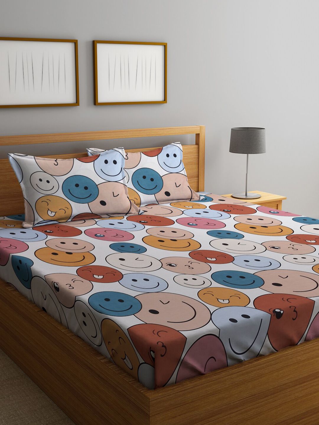 KLOTTHE White & Blue Cartoon Characters Printed 300 TC King Bedsheet with 2 Pillow Covers-picture-27