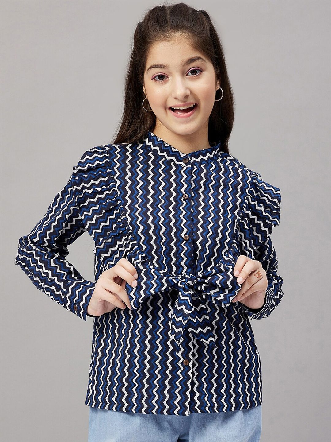 Stylo Bug Geometric Print Mandarin Collar Pure Cotton Shirt Style Top-picture-34