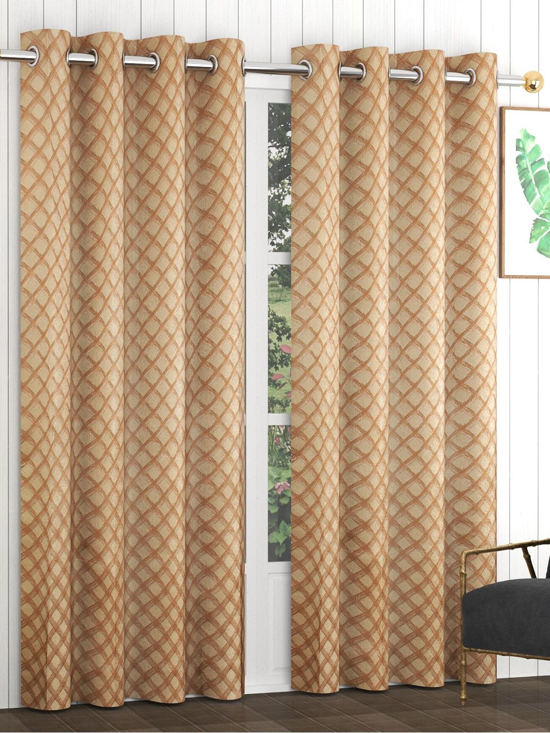Bajo's Gold-Toned & Brown Set of 2 Geometric Door Curtain-image-33