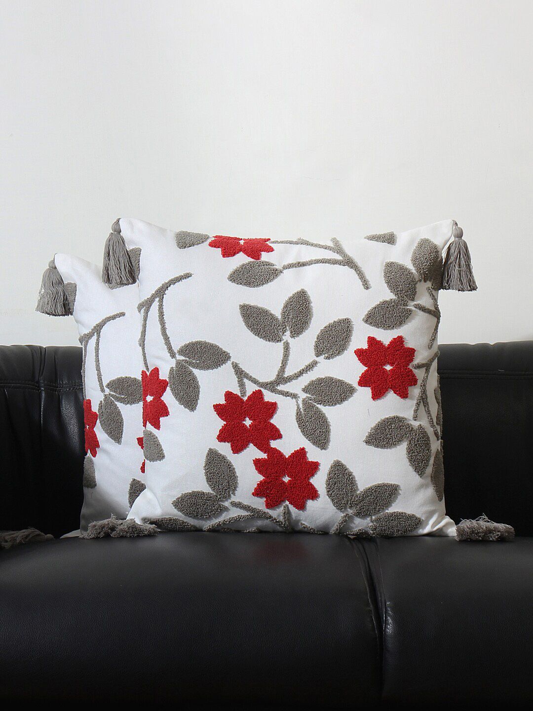 Jamio Firati White & Grey 2 Pieces Floral Embroidered Square Cotton Cushion Covers-image-18