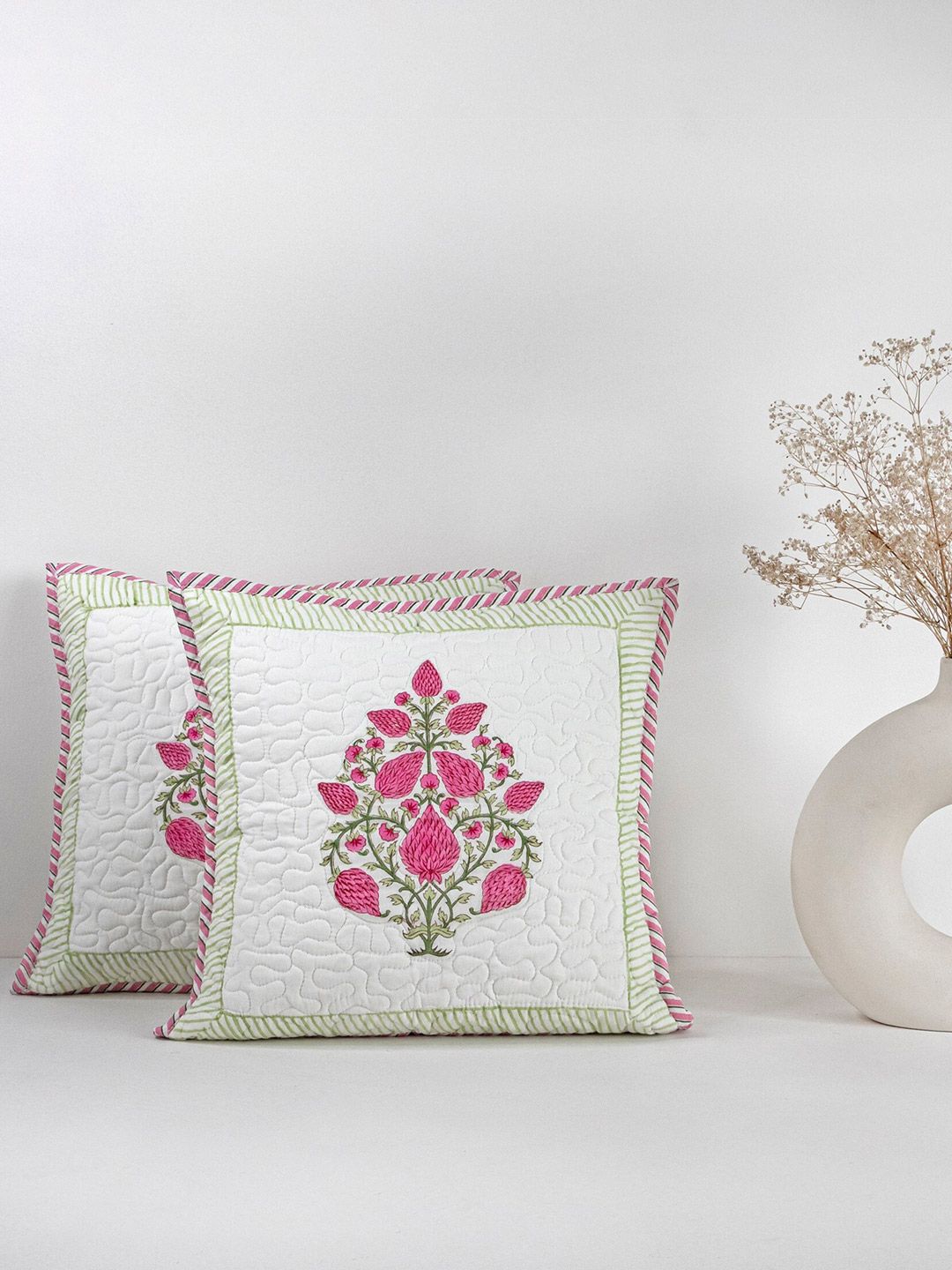 HOMEMONDE Hand Block Pink & White Set of 2 Floral Square Cushion Covers-picture-31