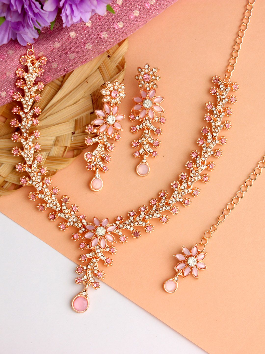 Atasi International Flower Design Rose Gold-Plated Crystals-Studded Jewellery Set-picture-16