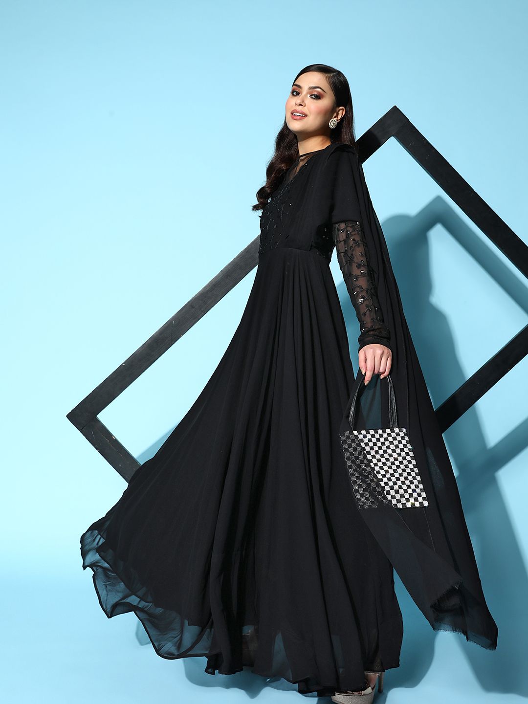 Inddus Black Floral Embroidered Georgette Ethnic Gown With Dupatta-picture-0