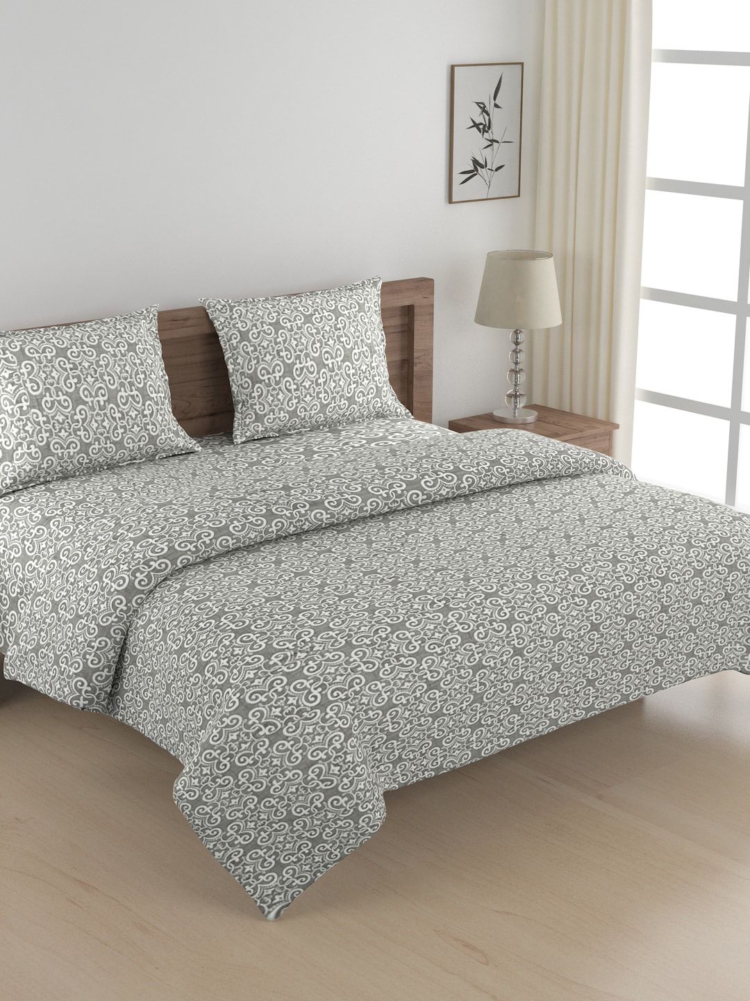 SWAYAM Grey & White Geometric Printed Cotton Bedding Set-image-5