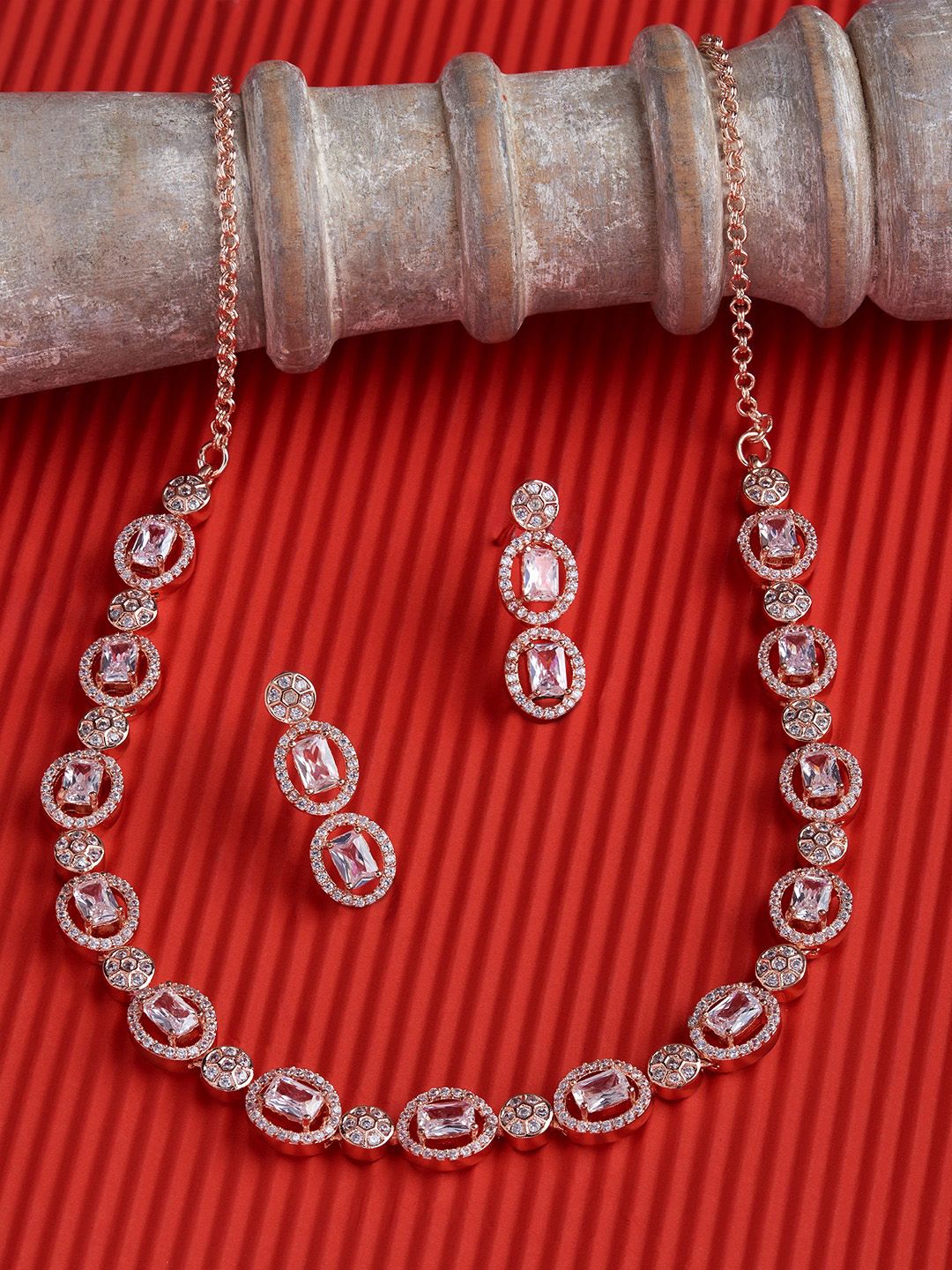 Zaveri Pearls Women Rose Gold-Plated CZ Stone-Studded Bling Sleek Jewellery Set-picture-16