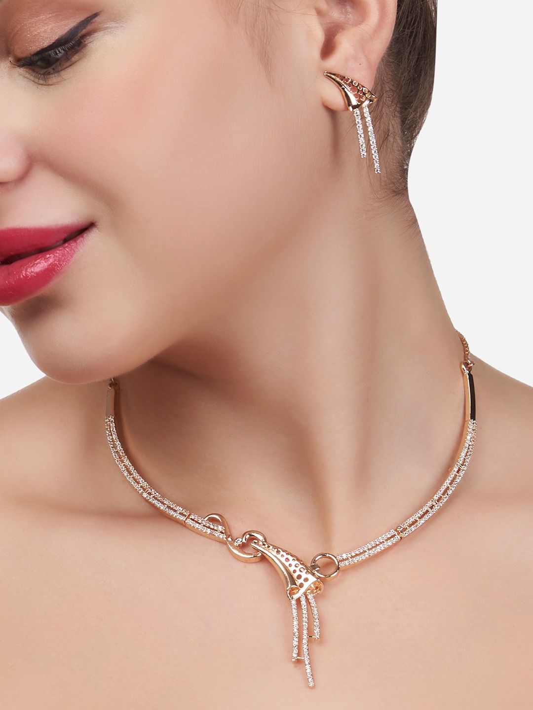 Zaveri Pearls Rose Gold-Plated CZ-Studded & Beaded Jewellery Set-picture-28