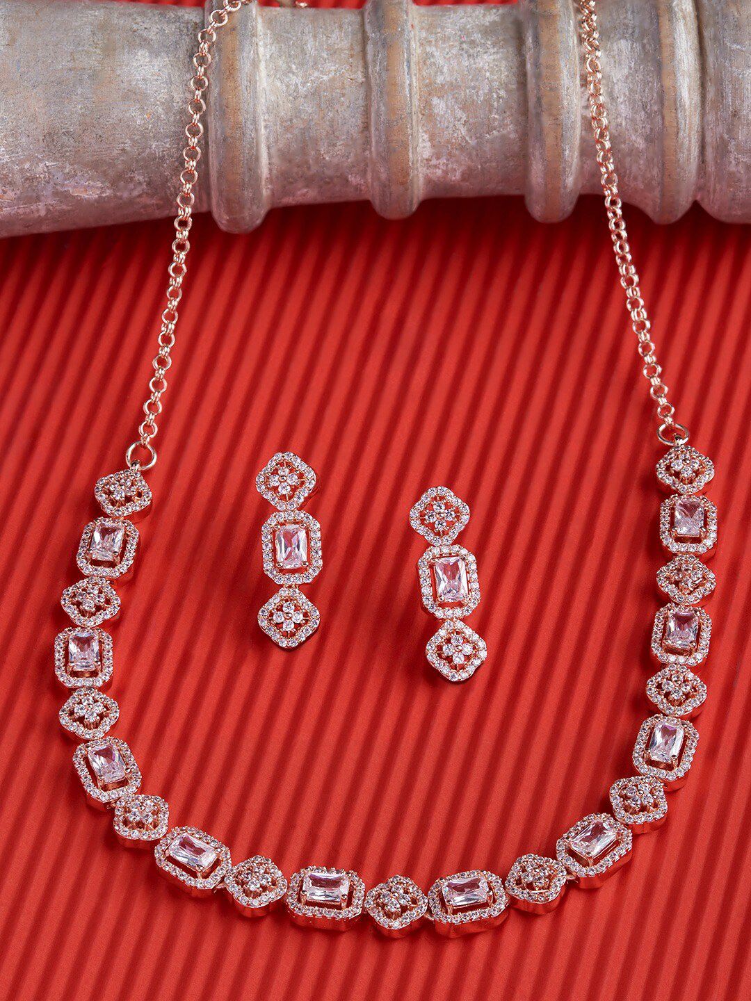 Zaveri Pearls Rose Gold-Plated CZ Stone-Studded Jewellery Set-picture-30