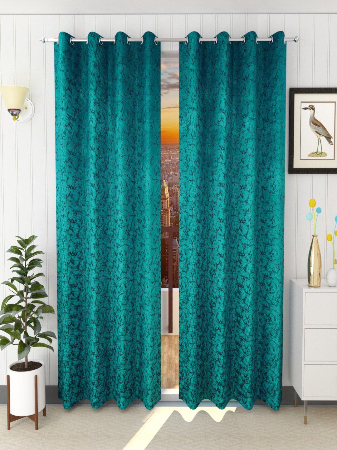 Homefab India Turquoise Blue Set of 2 Room Darkening Window Curtains 5 Feet