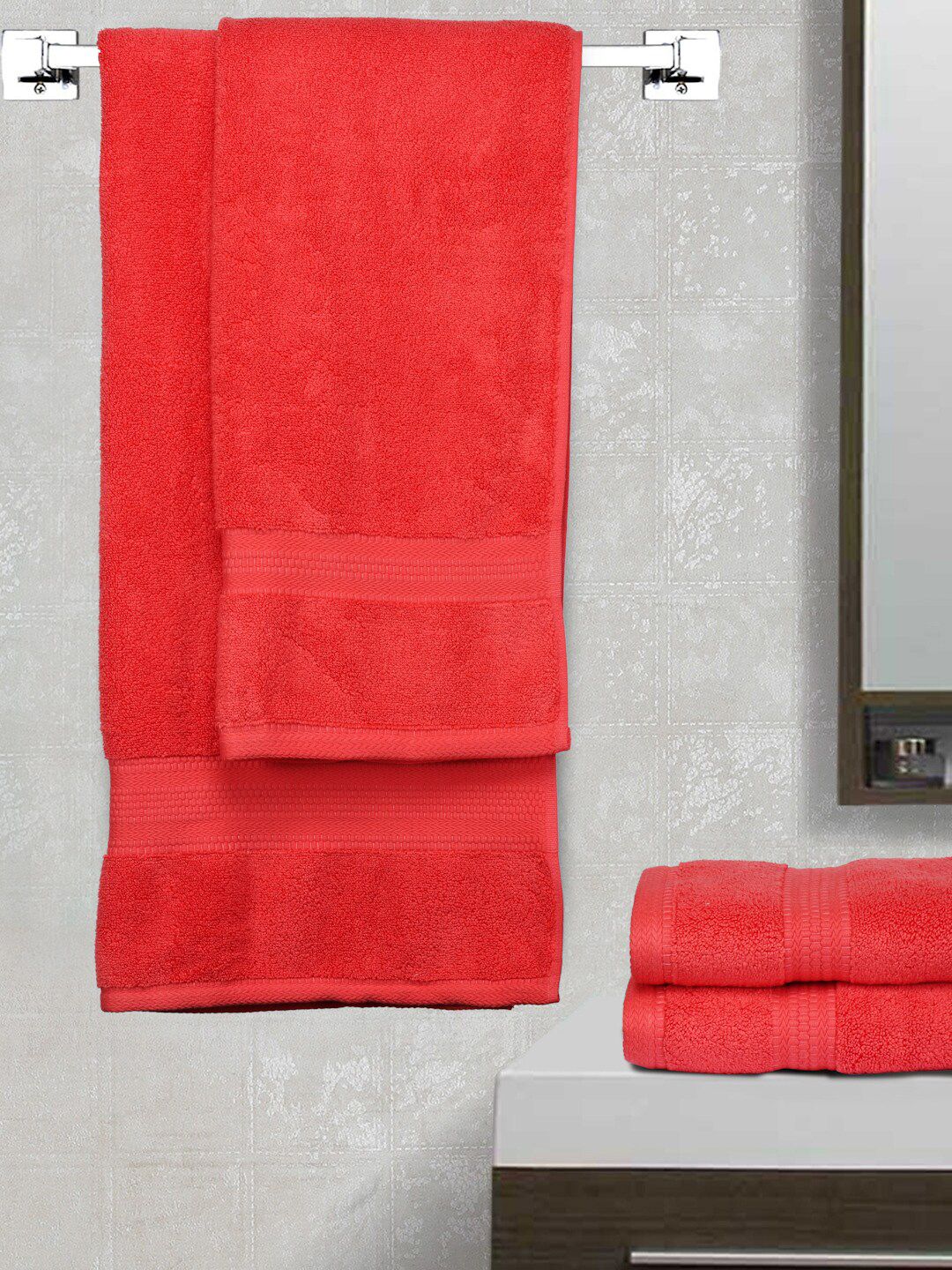 BOMBAY DYEING Super Ultrx Zero Tuest Red Set of 4 650 GSM Soft & Durable Cotton Towel Set