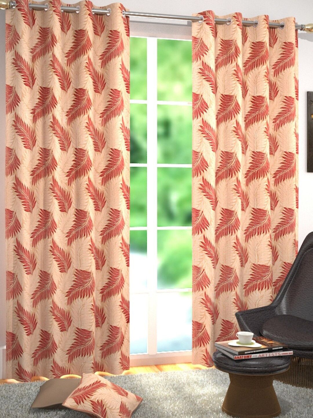 Homefab India Maroon & Peach Set of 2 Long Door Curtains 9 Feet-picture-37