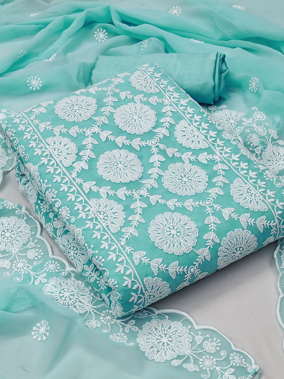 KALINI Sea Green & White Embroidered Silk Georgette Unstitched Dress Material