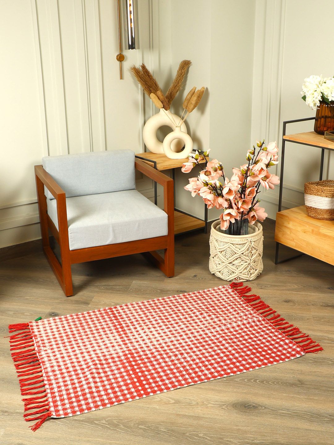 SASHAA WORLD Red & Cream Checks 2000 GSM Anti-Skid Rectangle Bath Rug-image-26