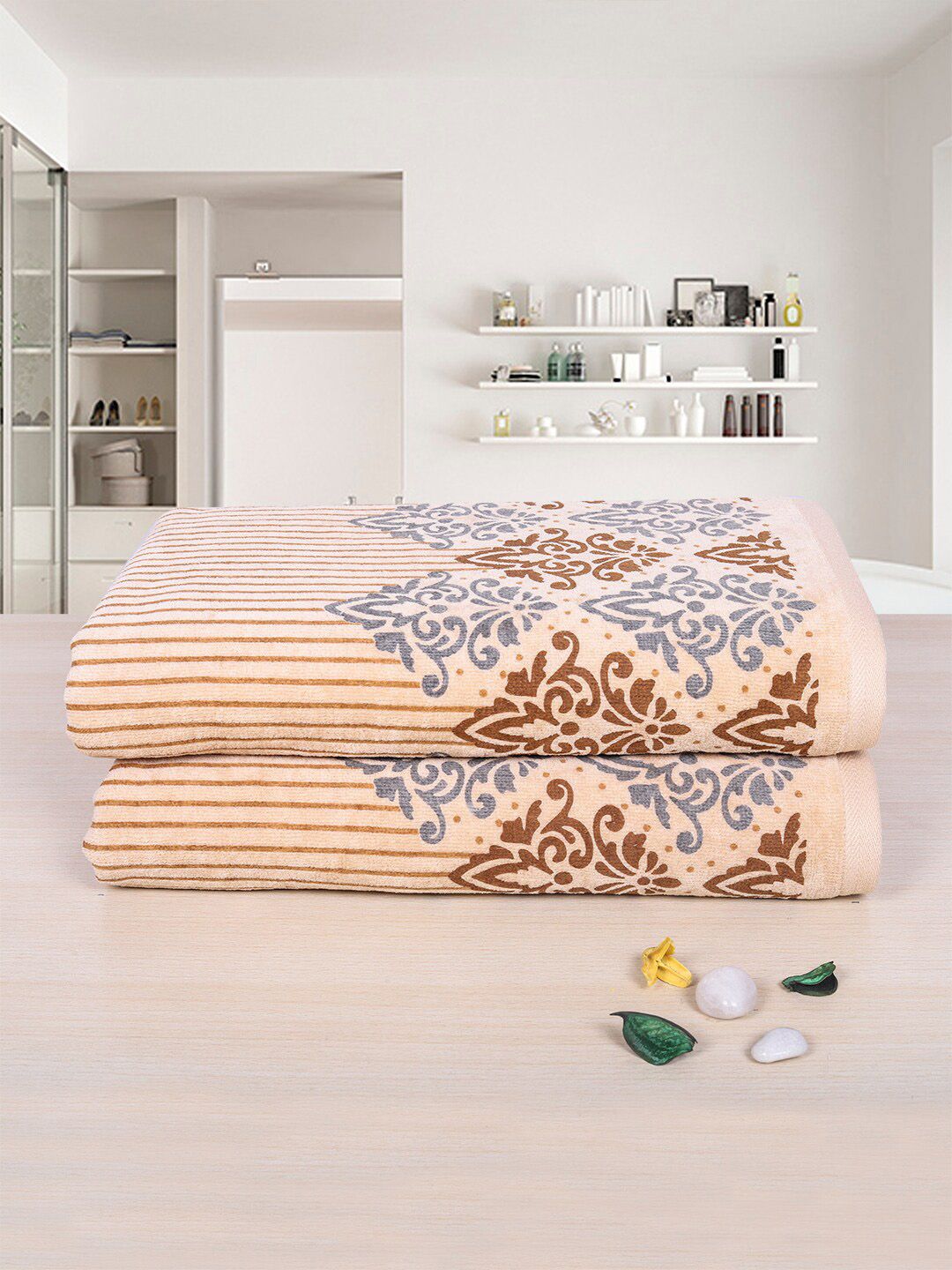 RANGOLI Emperial Beige Set Of 2 Printed Pure Cotton 450 GSM Towel Set-image-6