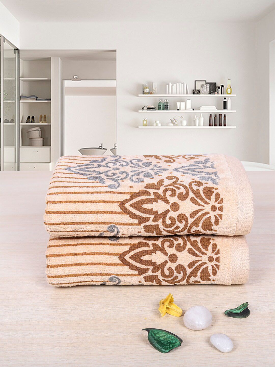 RANGOLI Emperial Beige & Brown Set Of 2 Printed Pure Cotton 450 GSM Towel Set-image-22
