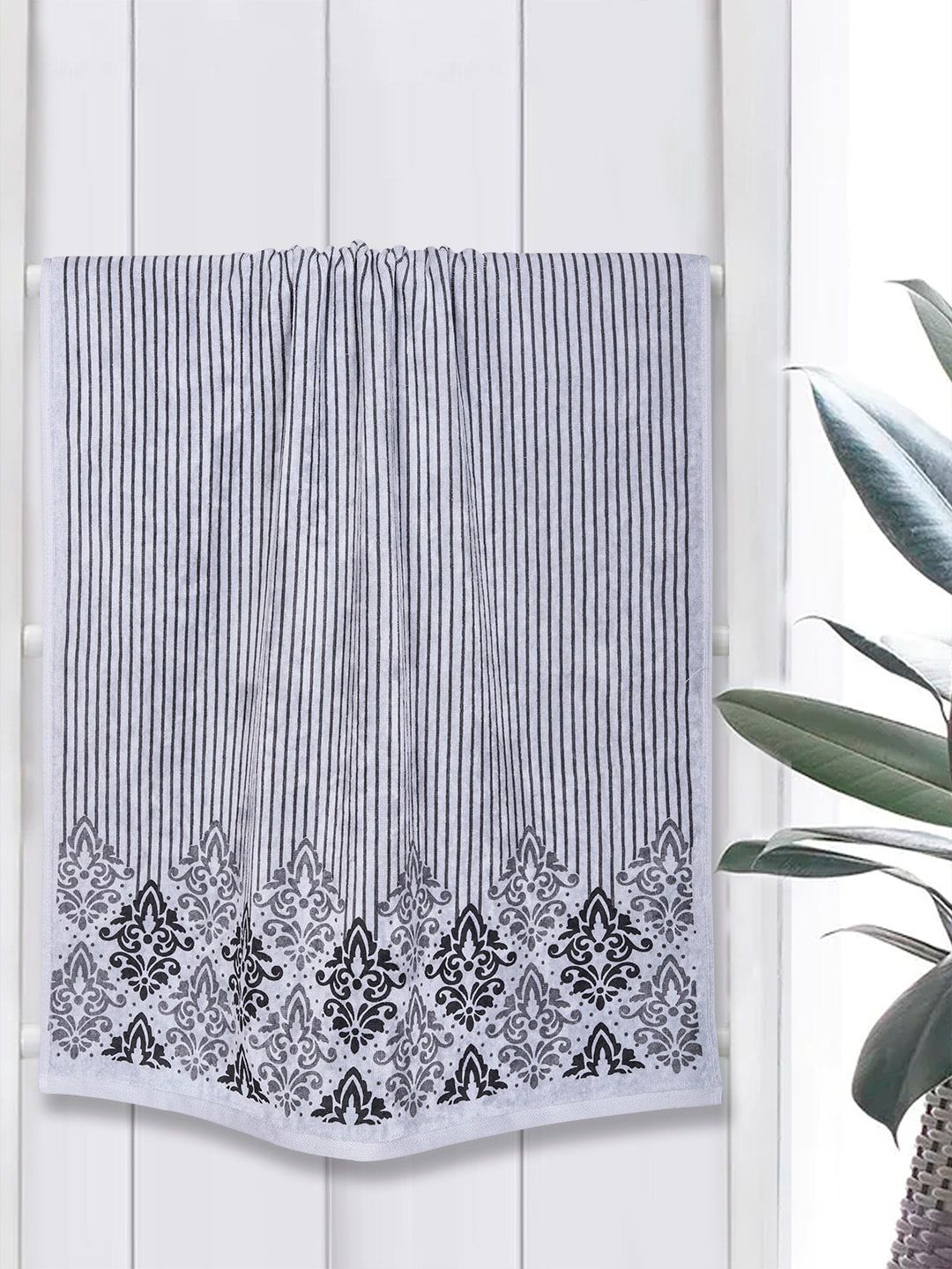 RANGOLI Emperial Grey & Black Set of 2 Printed Pure Cotton Bath Towels-image-7