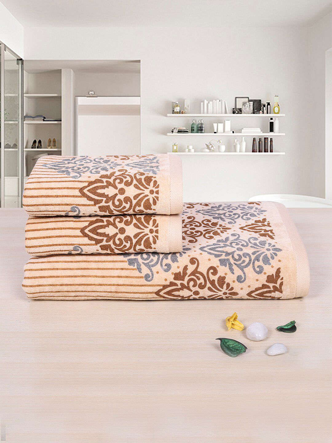 RANGOLI Emperial Beige Set Of 3 Self Design 450 GSM Pure Cotton Towel Set-image-23