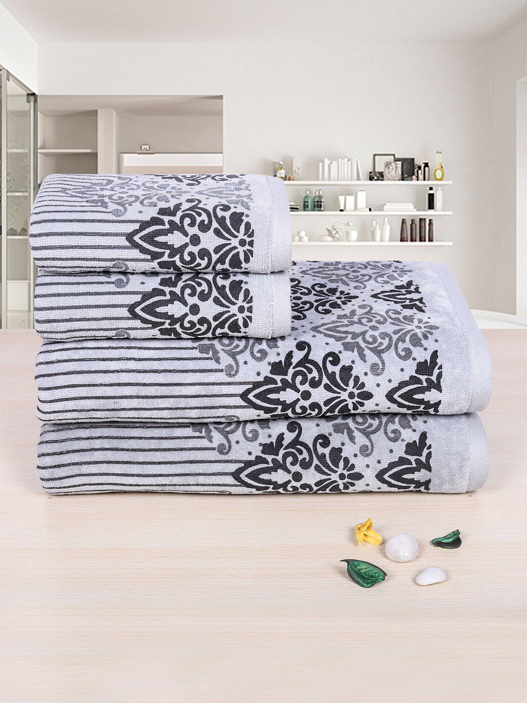 RANGOLI Emperial Grey Set Of 4 Printed Pure Cotton 450 GSM Towel Set-image-49