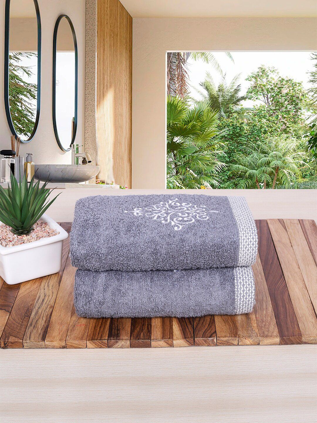 RANGOLI Grey Set Of 2 600GSM Organic Royal Bamboo Hand Towel Set-image-7