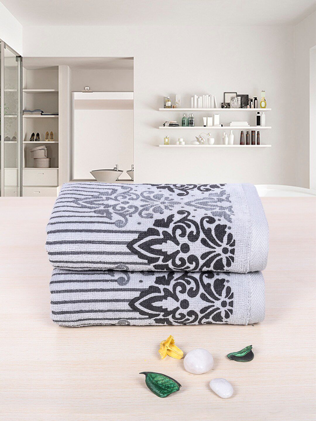 RANGOLI Emperial Grey & Black Set Of 2 Printed Pure-Cotton 450GSM Hand Towel Set-picture-49