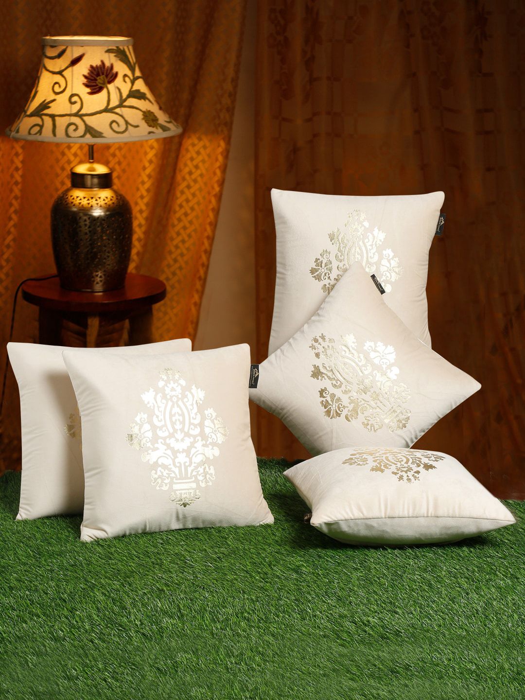 HOSTA HOMES Cream & Silver Set of 5 Ethnic Motifs Velvet Square Cushion Covers-picture-3