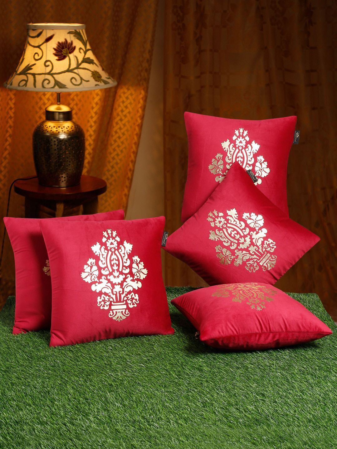 HOSTA HOMES Maroon & Gold Set of 5 Ethnic Motifs Velvet Square Cushion Covers-picture-33